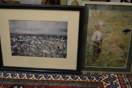 A colour print depicting a young boy watching a bird and an abstract colour print.