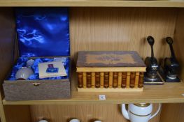A decorative jewellery box, office stamps and a boxed decorative Chinese vase.
