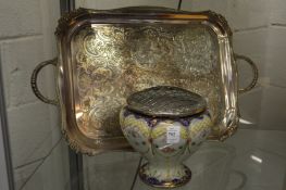 A porcelain flower bowl with plated top and a plated twin handled tray.