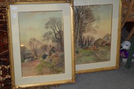 Rural scenes with figures and animals, watercolours, a pair.