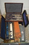 Various slide rules, drawing instruments etc.