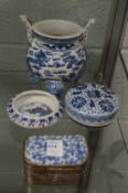 A Chinese censer, a bowl and cover, a small circular dish and a metal mounted box and cover.