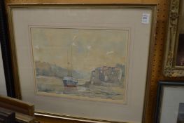 An estuary with a moored sailing ship watercolour.