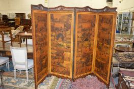 A good, large, late Victorian mahogany framed four-fold decoupage decorated dressing screen.