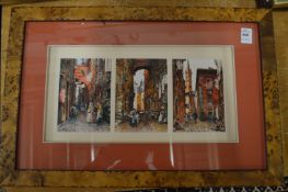 A coloured triptych, framed as one.