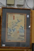 A Japanese woodblock print of chickens in a bamboo frame.