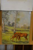 A Mare and Foal in a Field oil on canvas, unframed.