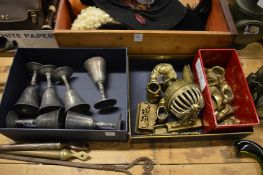 Plated goblets, brassware to include novelty napkin rings.