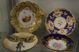 A Davenport porcelain dish decorated with a castle and three other items.