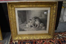 Can't You Talk an amusing engraving of a child and dog, in a decorative gilt frame.