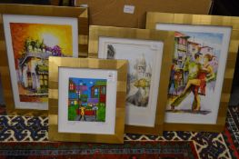 A colourful painting depicting figures doing the tango and three other pictures similarly framed.