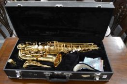A cased saxophone.