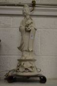 A blanc-de-chine Guanyin figure mounted as a lamp.