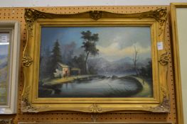 A river scene with a figure on a path, oil on board in a decorative gilt frame.