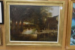 Rural landscape with river and bridge by a mill, oil on canvas.