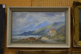 A continental mountainous river landscape with figures on a path by a building watercolour.