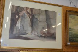 Russell Flint, an interior scene with a figure by a piano, colour print.