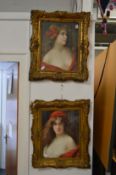 A coquettish female bust in a decorative gilt frame, a pair.
