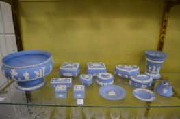 A quantity of Wedgwood pale blue Jasperware china to include a large bowl, trinket boxes etc.