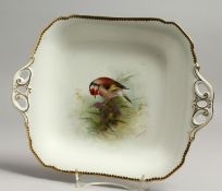 A ROYAL WORCESTER TWO HANDLED DISH painted with a goldfinch, titled, by E. Townsend, signed with