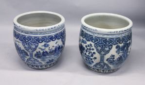 A LARGE PAIR OF CHINESE BLUE AND WHITE CIRCULAR JARDINIERES. 22ins diameter.