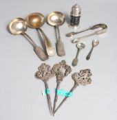 A PAIR OF VICTORIAN SILVER SUGAR TONGS, THREE SKEWERS, THREE SAUCE LADLES, A MAPPIN AND WEBB