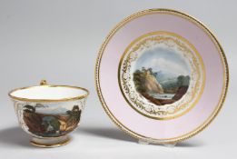 AN EARLY 19TH CENTURY WORCESTER FLIGHT AND BARR TEACUP AND SAUCER painted with named scenes