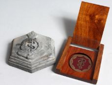AN INDIAN ARMY MEDICAL CORPS PLAQUE in a wooden case and a six sided paperweight by Pompiglio with