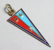 A RUSSIAN SILVER AND WHITE ENAMEL TRIANGULAR SHAPE PENDANT, 1.5ins high.