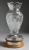 A SUPERB BOHEMIAN CUT CRYSTAL VASE on a wooden stand, in celebration of Her Majesty Queen Elizabeth,