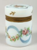 A VICTORIAN OPALINE PAINTED JAR AND COVER.