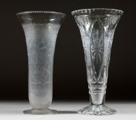 TWO CUT GLASS TAPERING FLOWER VASES. 12ins high.
