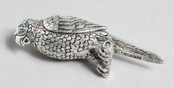 A NOVELTY WHITE METAL PARROT PERFUME BOTTLE, 4ins high.
