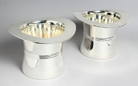 A PAIR OF TOP HAT SHAPED PLATED WINE COOLERS, 7ins high.