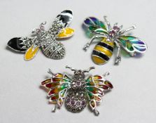 THREE SILVER AND ENAMEL BEE BROOCHES.