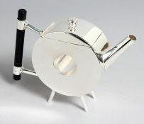 A SMALL CHRISTOPHER DRESSER STYLE PLATED CIRCULAR TEAPOT.