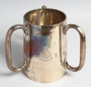 A LARGE VICTORIAN GOLDSMITHS & SILVERSMITH 3 HANDLED SILVER TIG, with plain handles, 7.5ins high,