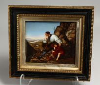 A GOOD 19TH CENTURY CONTINENTAL PORCELAIN PLAQUE classical scene, huntsman and child. 6.5ins x