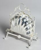 A PLATED SHELL SHAPE FOLDING BISCUIT WARMER, 10.5ins high.