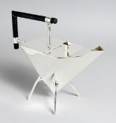 A LARGE CHRISTOPHER DRESSER STYLE PLATED TRIANGULAR TEAPOT.