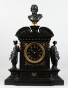 A LARGE AND IMPRESSIVE VICTORIAN SLATE MANTLE CLOCK of architectural form, the eight day movement