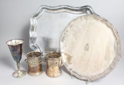 A PAIR OF KINGSWAY PLATE BOTTLE HOLDERS. 4ins high, The President silver plated GOBLET, an EPNS