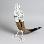 A SILVER PLATE AND HORN COCKATOO SHAPE INKWELL, 12.5ins high.