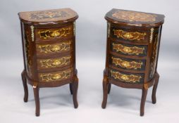 A PAIR OF FRENCH STYLE MARQUETRY INLAID DEMI-LUNE FOUR DRAWER BEDSIDE CHESTS on curving legs. 2ft