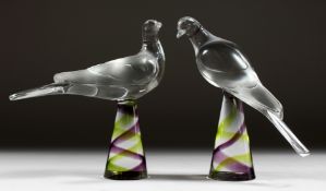 A PAIR OF LALIQUE GLASS BIRDS on colourful square bases Etched Lalique, France 8ins high.