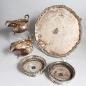 A SILVER PLATE PIE CRUST SALVER, 13ins diameter, A PAIR OF OLD SHEFFIELD PLATE WINE COASTERS, turned
