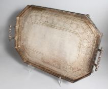 A LARGE VICTORIAN MAPPIN AND WEBB ENGRAVED PLATED TWO HANDLED TEA TRAY with pierced border on