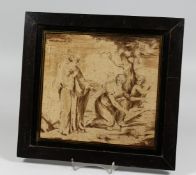 AFTER CIPRIANI A SILK THREAD OF A REMBRANT TYPE SCENE, framed and glazed .9ins x 10ins.