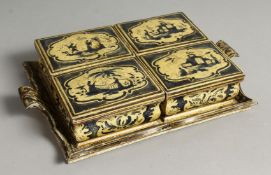 A REGENCY CHINESE SET OF FOUR BOXES on a tray. 10ins long.