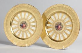 A GOOD PAIR OF AYNSLEY FRUIT PLATES with gold borders. 10ins diameter.